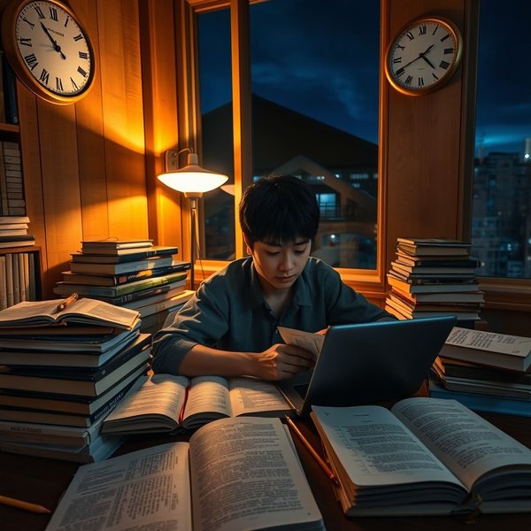 図書館で during exam season に本を使って勉強している学生