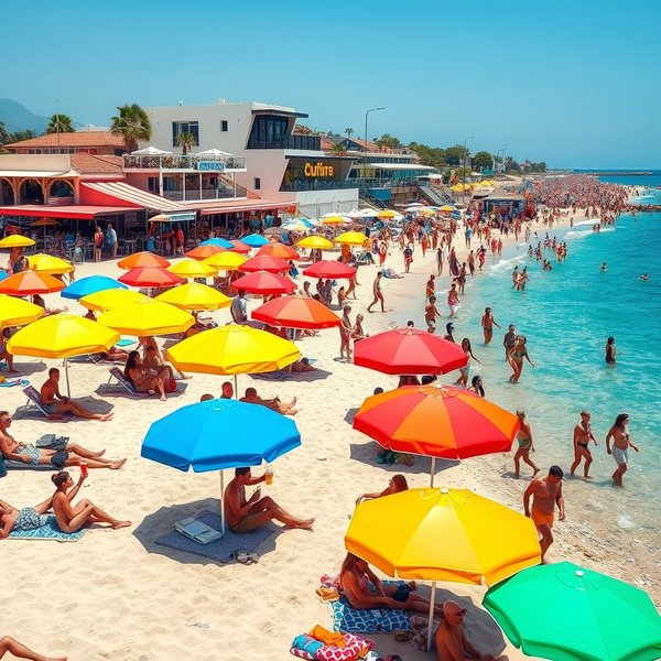 Image of a busy beach or tourist spot during peak season