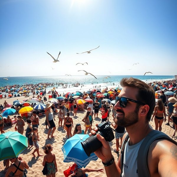Imagen de una playa o lugar turístico lleno de gente durante peak season