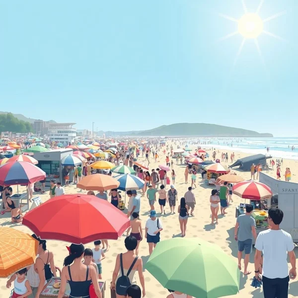 Image of a busy beach or tourist spot during peak season