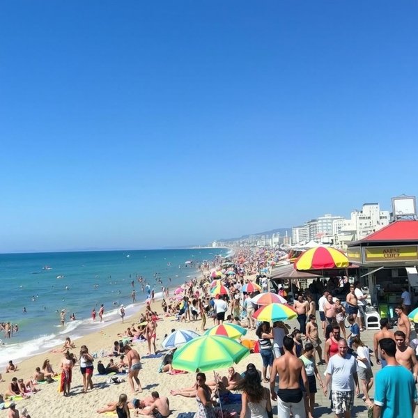 Image of a busy beach or tourist spot during peak season