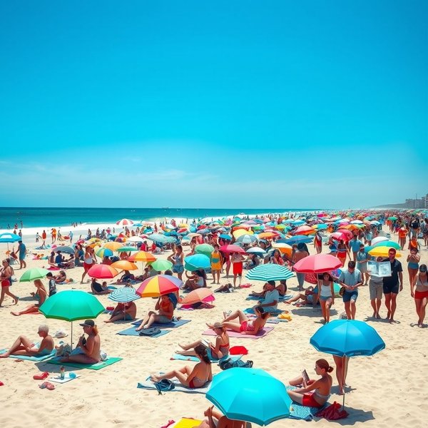 Afbeelding van een druk strand of toeristische plek during peak season