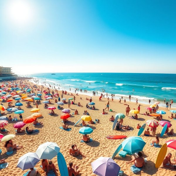 Image of a busy beach or tourist spot during peak season