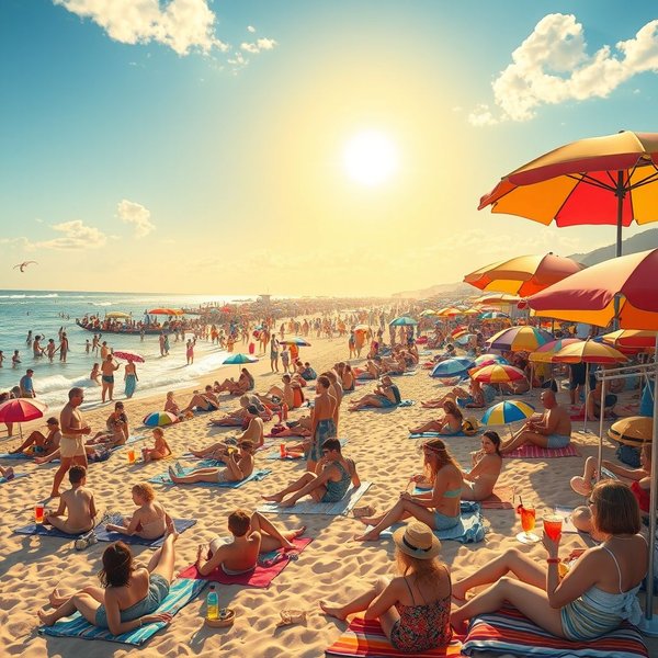 Image of a busy beach or tourist spot during peak season