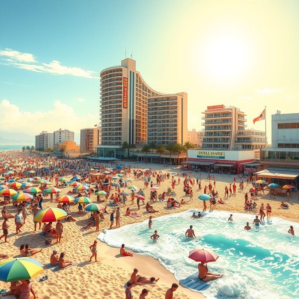 Image of a busy beach or tourist spot during peak season