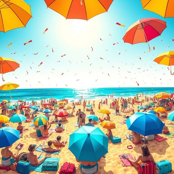 Image of a busy beach or tourist spot during peak season