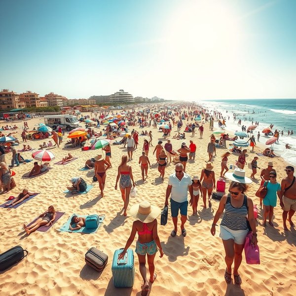 Image of a busy beach or tourist spot during peak season