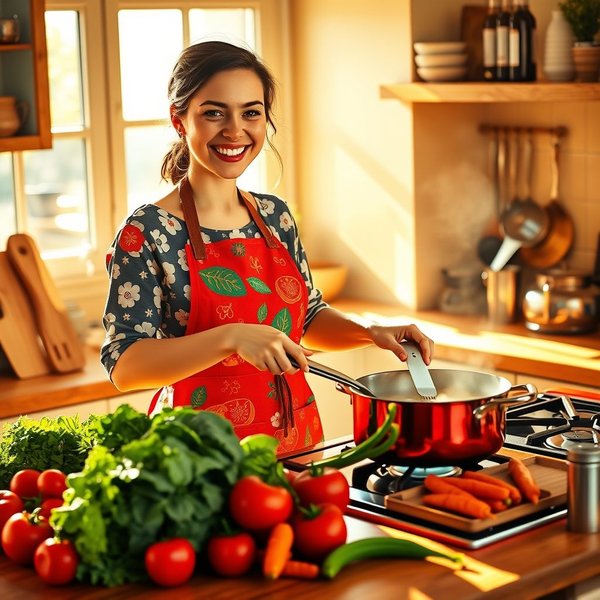 Imagen: Una mujer cocinando felizmente en una cocina while she was cooking.