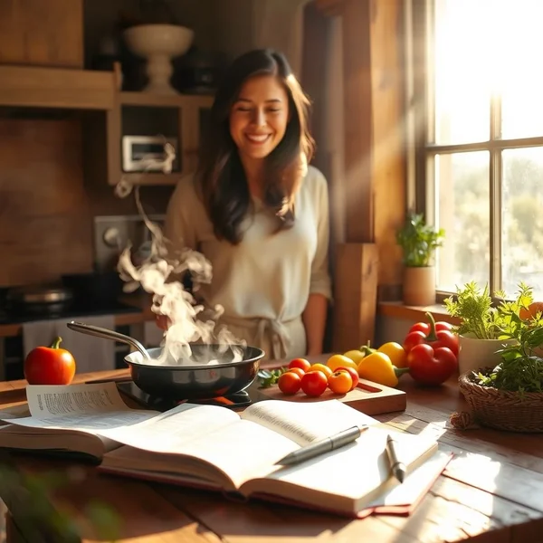 Image: A woman happily cooking in a kitchen while she was cooking.