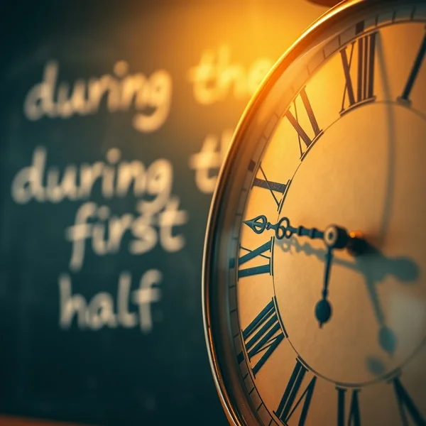 Bild einer Uhr oder eines Spiels, mit „during the first half“ hervorgehoben.