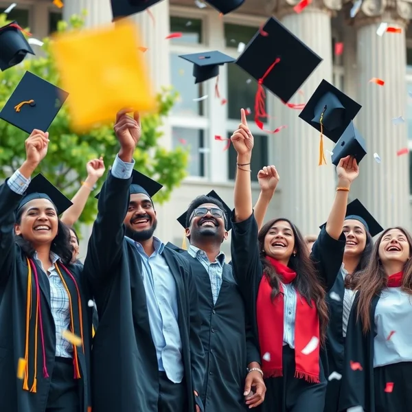 Image: Students celebrating during the graduation ceremony, wearing caps and gowns