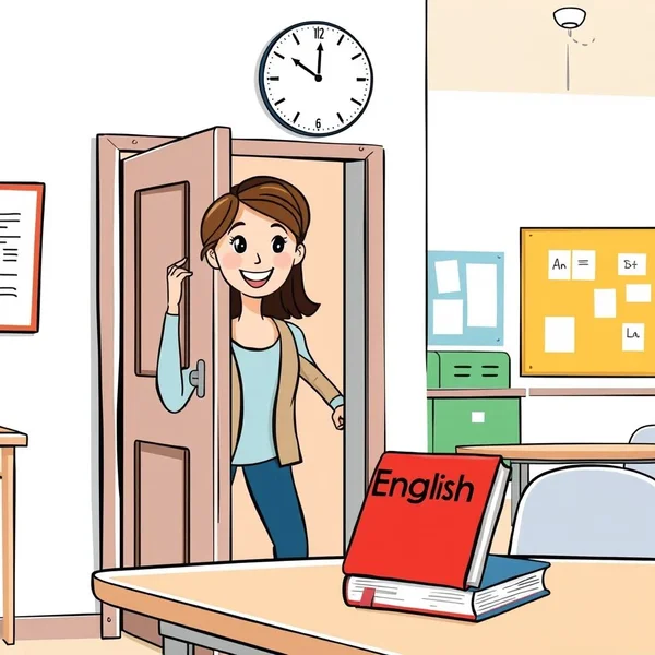 Image of a person arriving with a clock showing time, titled "when she arrived"