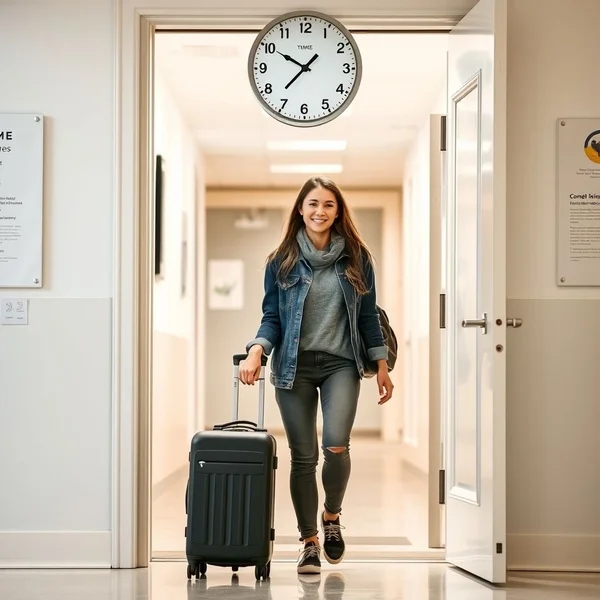 Image of a person arriving with a clock showing time, titled "when she arrived"