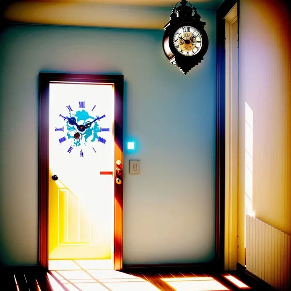 Image of a person arriving with a clock showing time, titled "when she arrived"