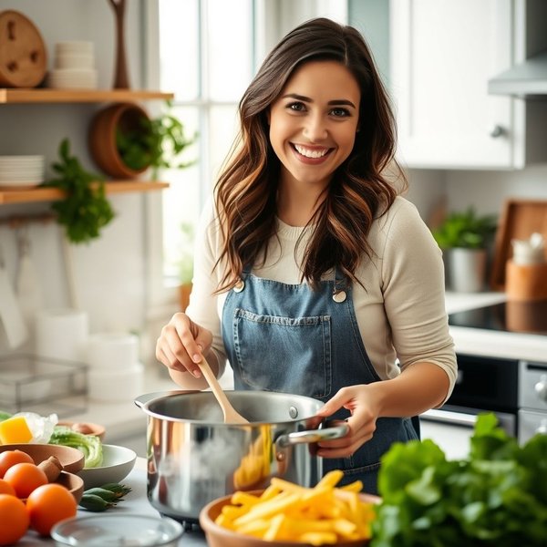Image: A woman happily cooking in a kitchen while she was cooking.