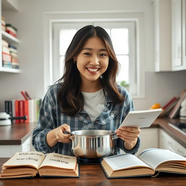 Image: A woman happily cooking in a kitchen while she was cooking.
