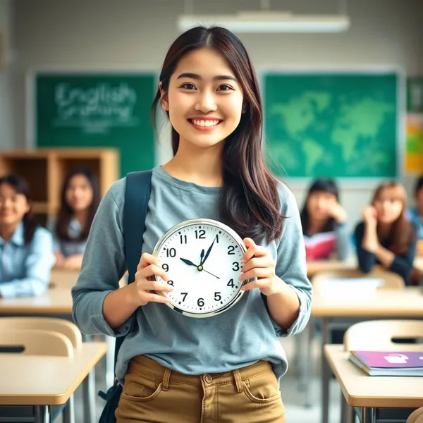 Image of a person arriving with a clock showing time, titled "when she arrived"