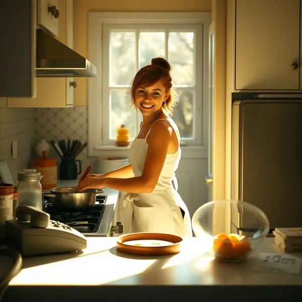 Image: A woman happily cooking in a kitchen while she was cooking.