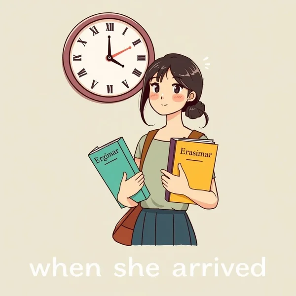 Image of a person arriving with a clock showing time, titled "when she arrived"