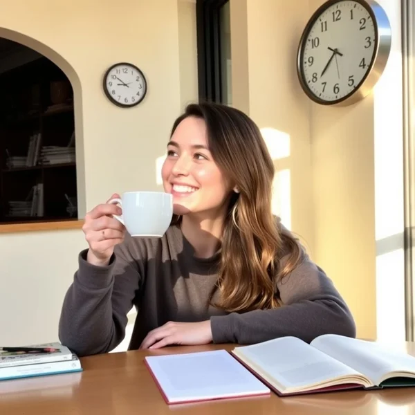 Imagen de una persona tomando café y mirando un reloj right after breakfast