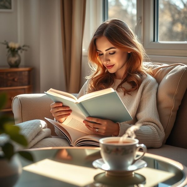 Image: A woman reading a book happily in her free time