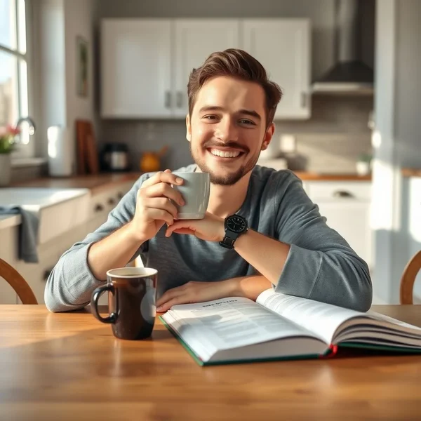Gambar seseorang sedang minum kopi dan melihat jam right after breakfast