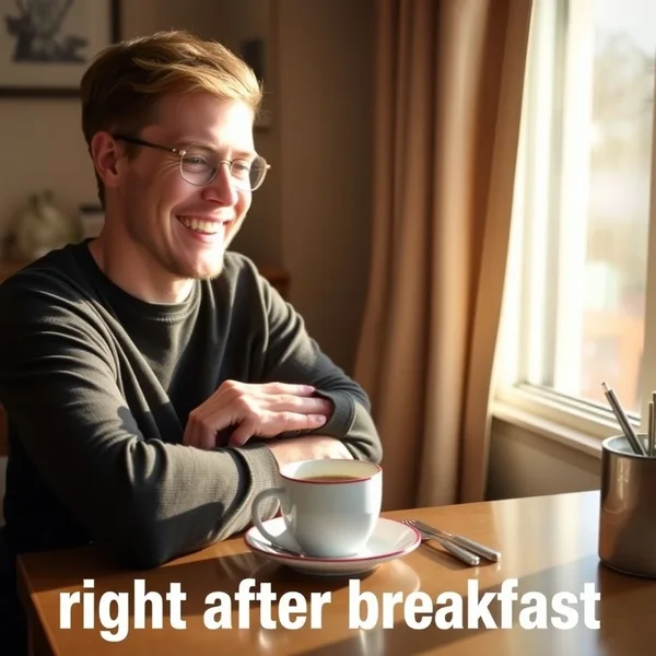Изображение человека, пьющего кофе и смотрящего на часы right after breakfast