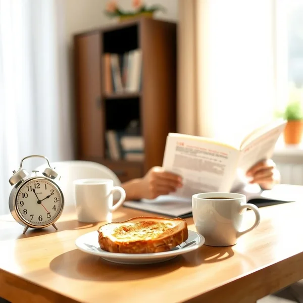 Image of a person drinking coffee and looking at a clock right after breakfast
