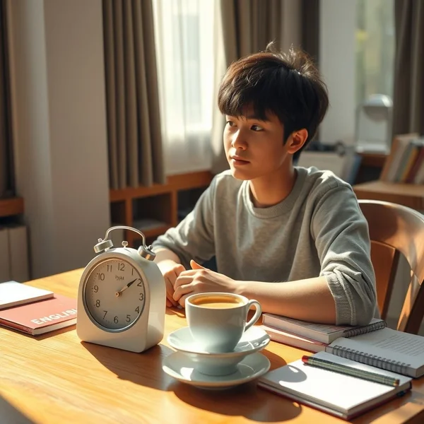 Image of a person drinking coffee and looking at a clock right after breakfast