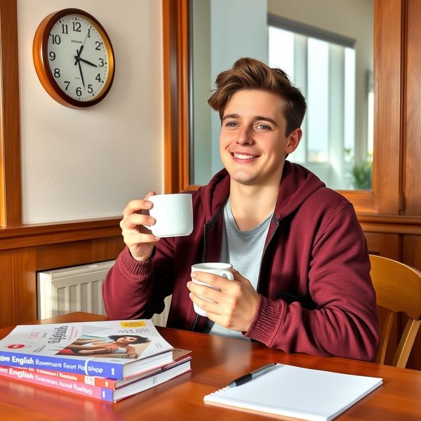 Image of a person drinking coffee and looking at a clock right after breakfast