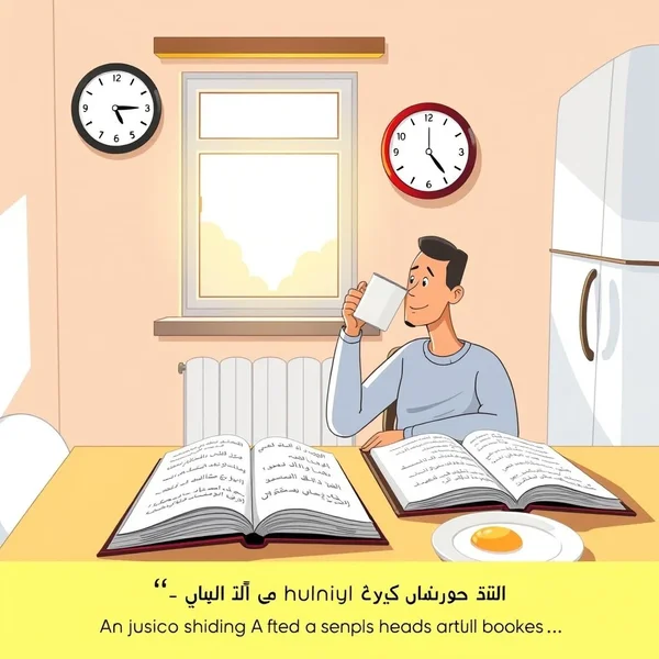 Image of a person drinking coffee and looking at a clock right after breakfast