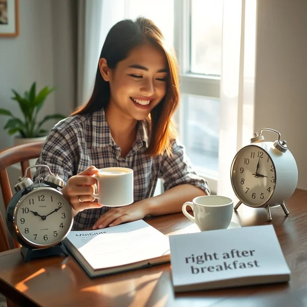 Image of a person drinking coffee and looking at a clock right after breakfast