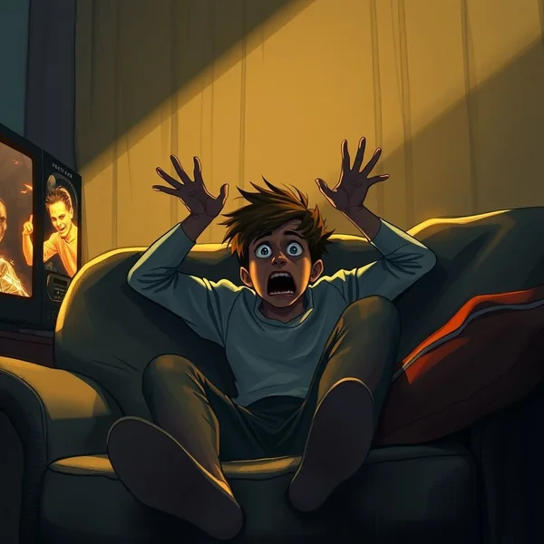 A person looking absolutely terrified during a scary movie