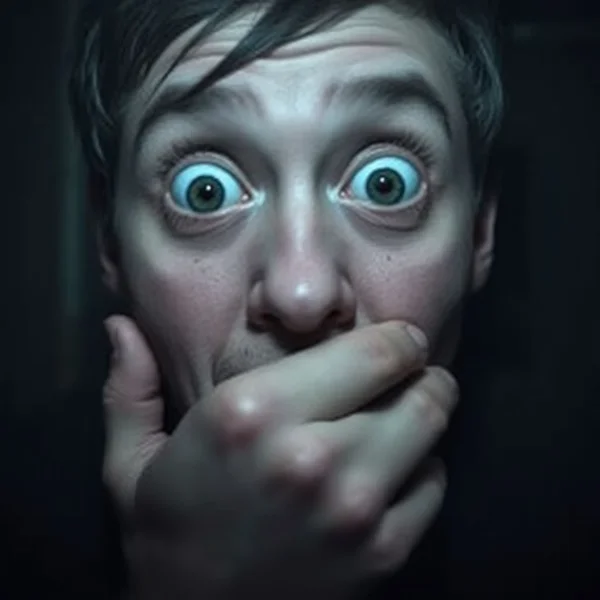 Eine Person, die während eines Gruselfilms absolutely terrified aussieht