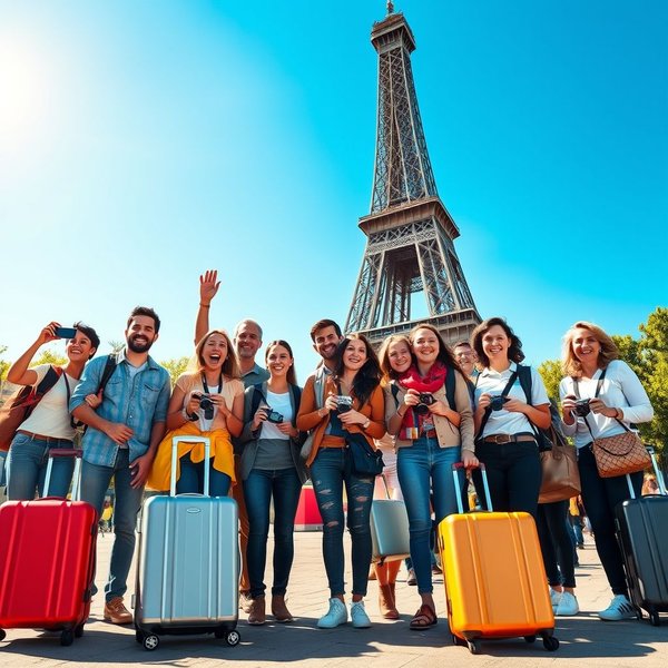 A happy tour group on a package tour exploring a city