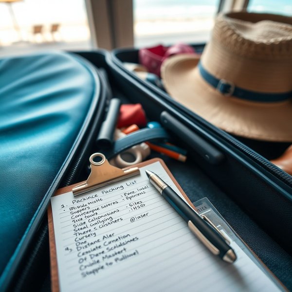 Seyahat bavulunun yanında bir packing list gösteren bir resim