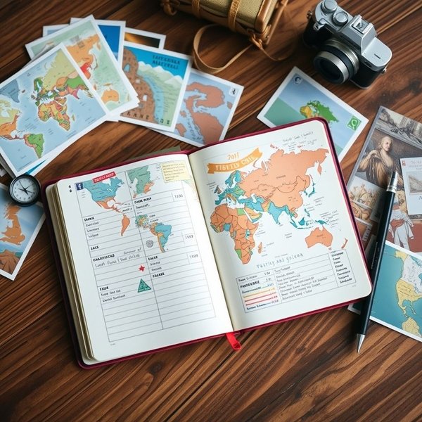 Een persoon schrijft in een travel diary met uitzicht op een bergketen