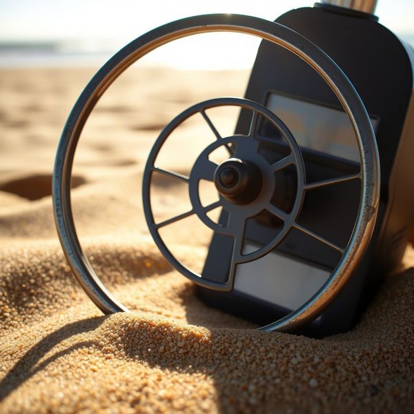 Een afbeelding van een persoon die een metaaldetector gebruikt op een zandstrand.