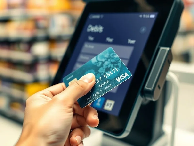A person using a debit card at a payment terminal