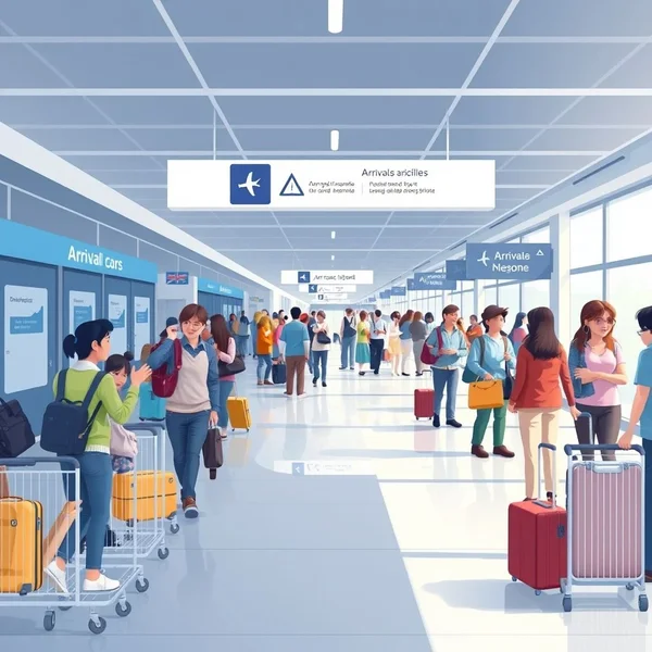An illustration of the arrival hall at an airport