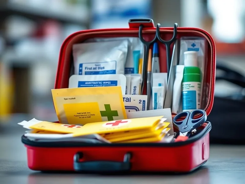 Een persoon die een first-aid kit organiseert om voorbereid te zijn op een noodgeval