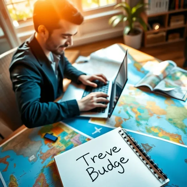 Afbeelding van iemand die een reis plant met een notitieboekje met "a travel budget"