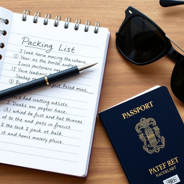 Een afbeelding van een reissuitcase naast een packing list