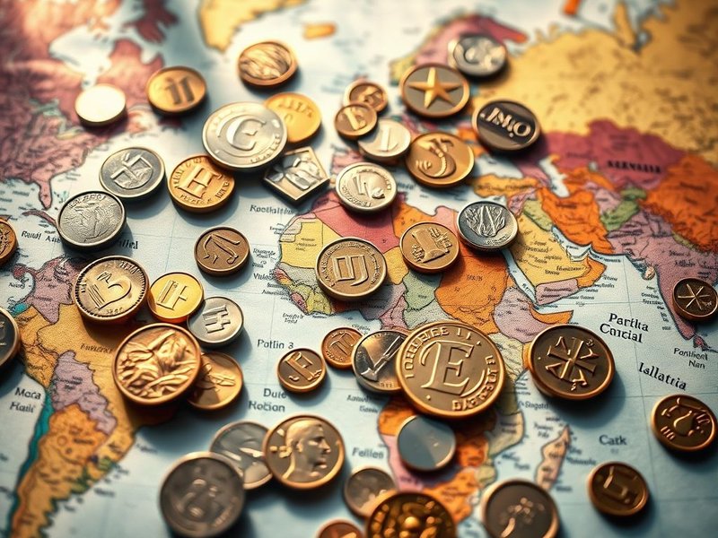 Een illustratie met diverse internationale munten en bankbiljetten, die het concept van local currency voor reizen weergeeft.
