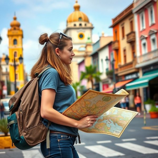 Een backpacker die naar een kaart kijkt, planning voor long-term travel