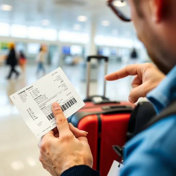 Reiziger die de baggage allowance op zijn ticket controleert