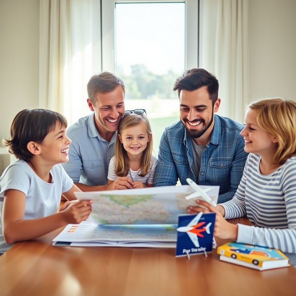Planning a family vacation with a map and toys