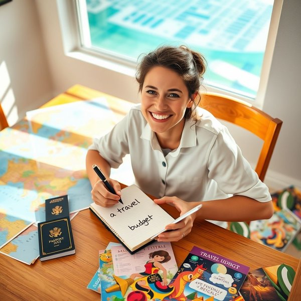 Imagem de uma pessoa planejando uma viagem com um caderno rotulado "a travel budget"