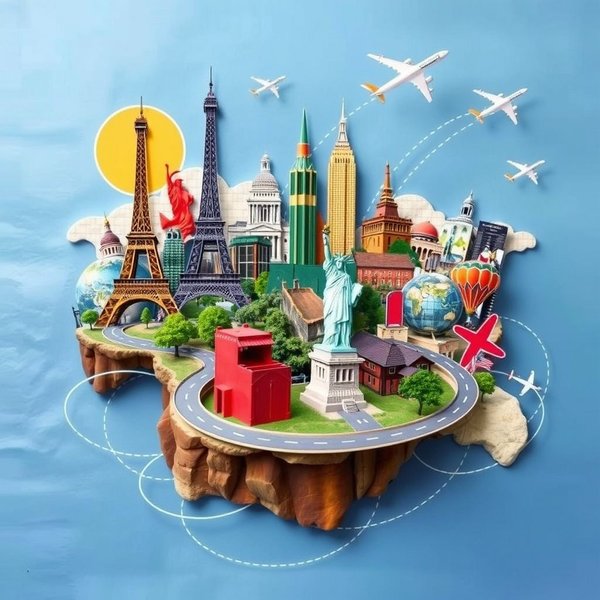 Mapa-múndi com sinais marcando diferentes locais, ilustrando o conceito de a travel destination