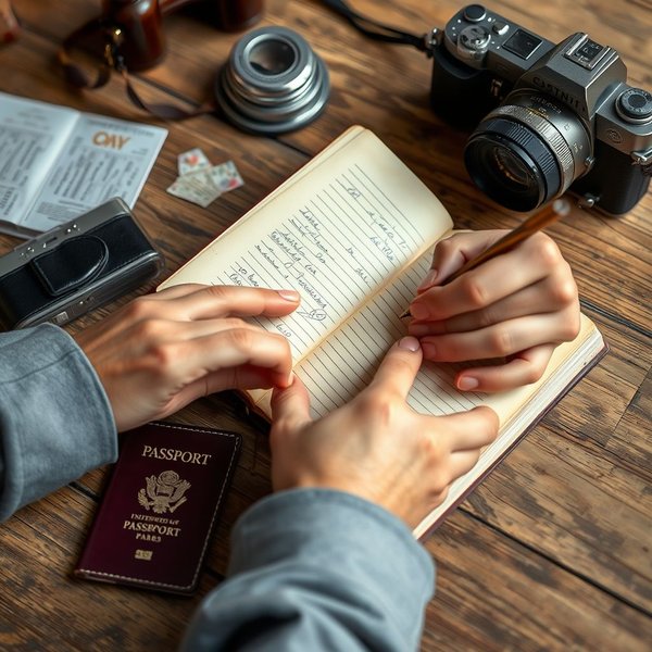 Uma pessoa escrevendo em um travel diary com vista para uma cadeia de montanhas
